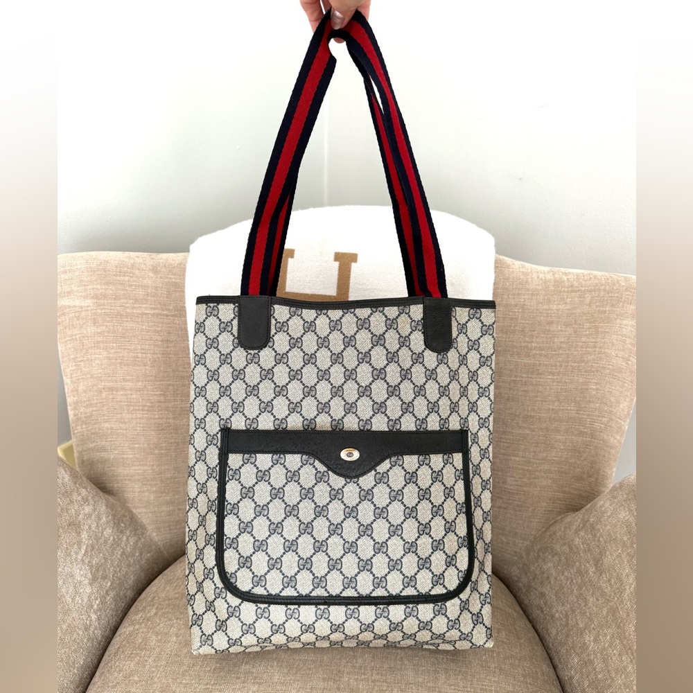 Gucci authentic navy grey monogram coated canvas tote bag ribbon handles - Picture 13 of 16